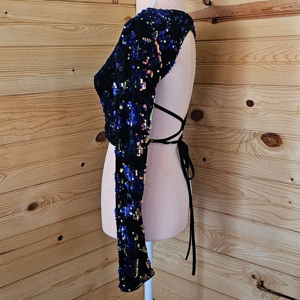 Navy Blue Sequin Long Sleeve Backless Crop To